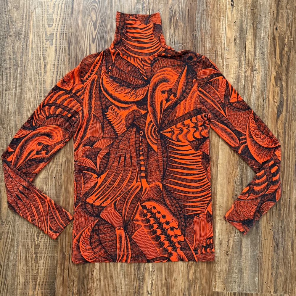 Dries Van Noten Mock Neck Top Womens XS Orange Black Graphic Print Long Sleeve